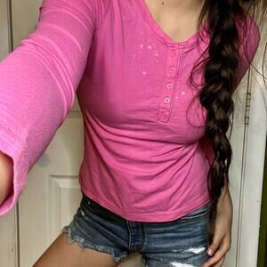 Faded Glory Pink Sequin Henley Top